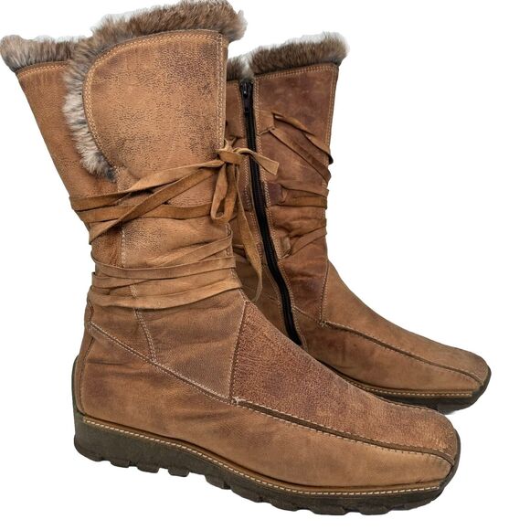 Mod Brev Women’s 39 Boot Genuine Italian Leather Fur Lined Long Square Toed Y2K - Picture 1 of 14
